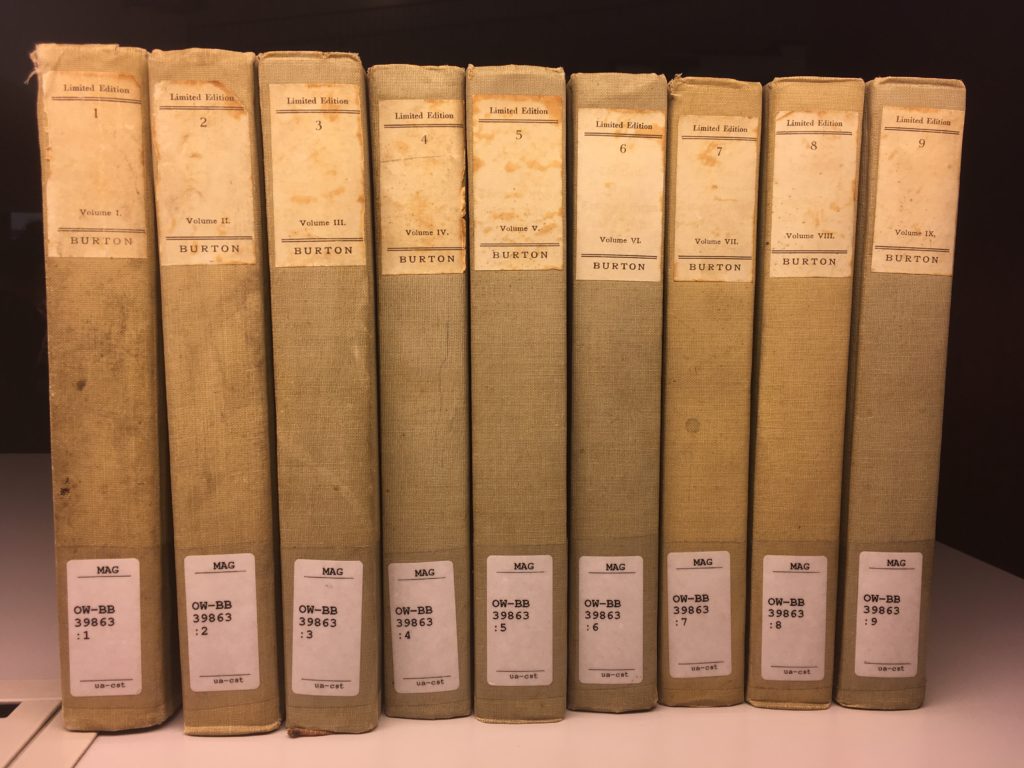 Nine of the ten volumes of Burton's "One Thousand and One Nights"